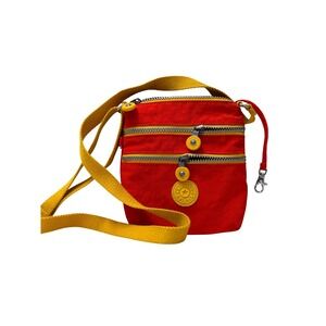 Kipling Red Nylon Mini Crossbody Bag Yellow Strap Zipper Pockets Messenger